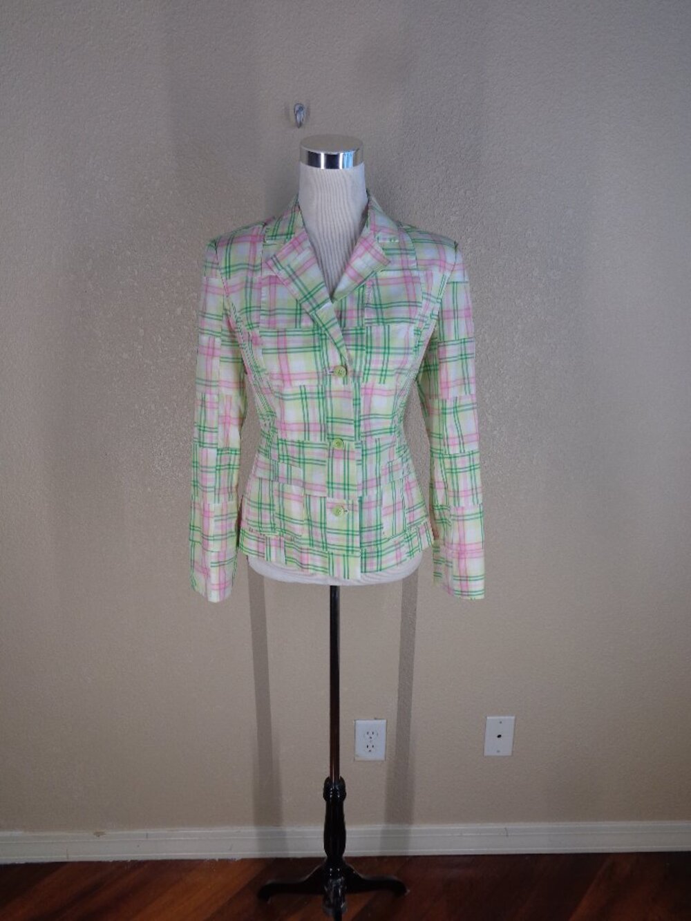 Classic Lily Pulitzer Cotton Plaid Blazer, Lined Pink and Green sz 8 - Picture 1 of 5